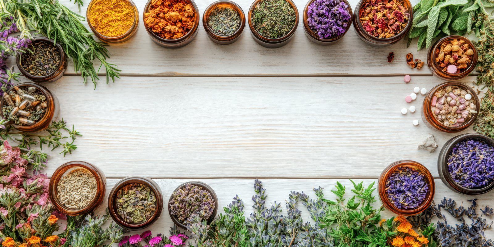 Colorful array of herbs and spices arranged in jars on wooden table for culinary or medicinal use